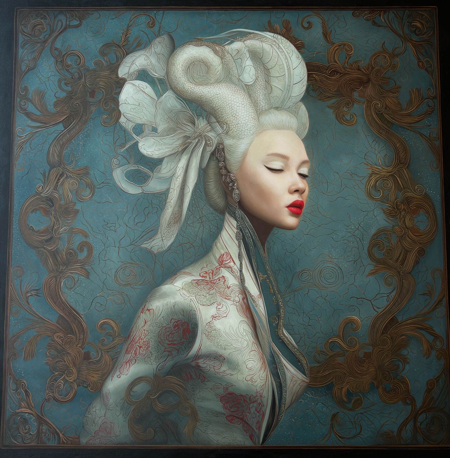 Female profile portrait on teal ground, white nacreous serpent coiled as crown, red rose and butterfly tattoos on white embroidered robe, ornate gold baroque frame, 120 × 120 cm.