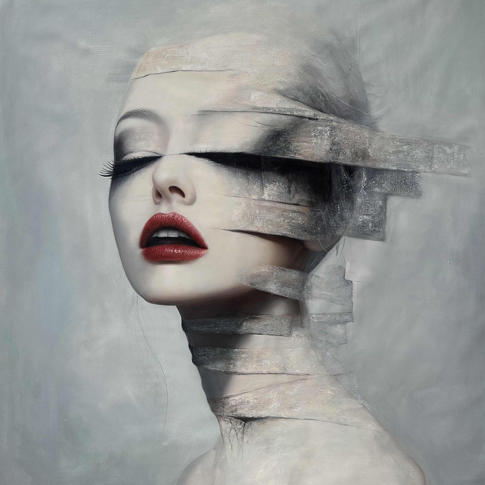 Female portrait, horizontal grey bands covering eyes and neck, wide open red lips, atmospheric grey ground, 150 × 150 cm
