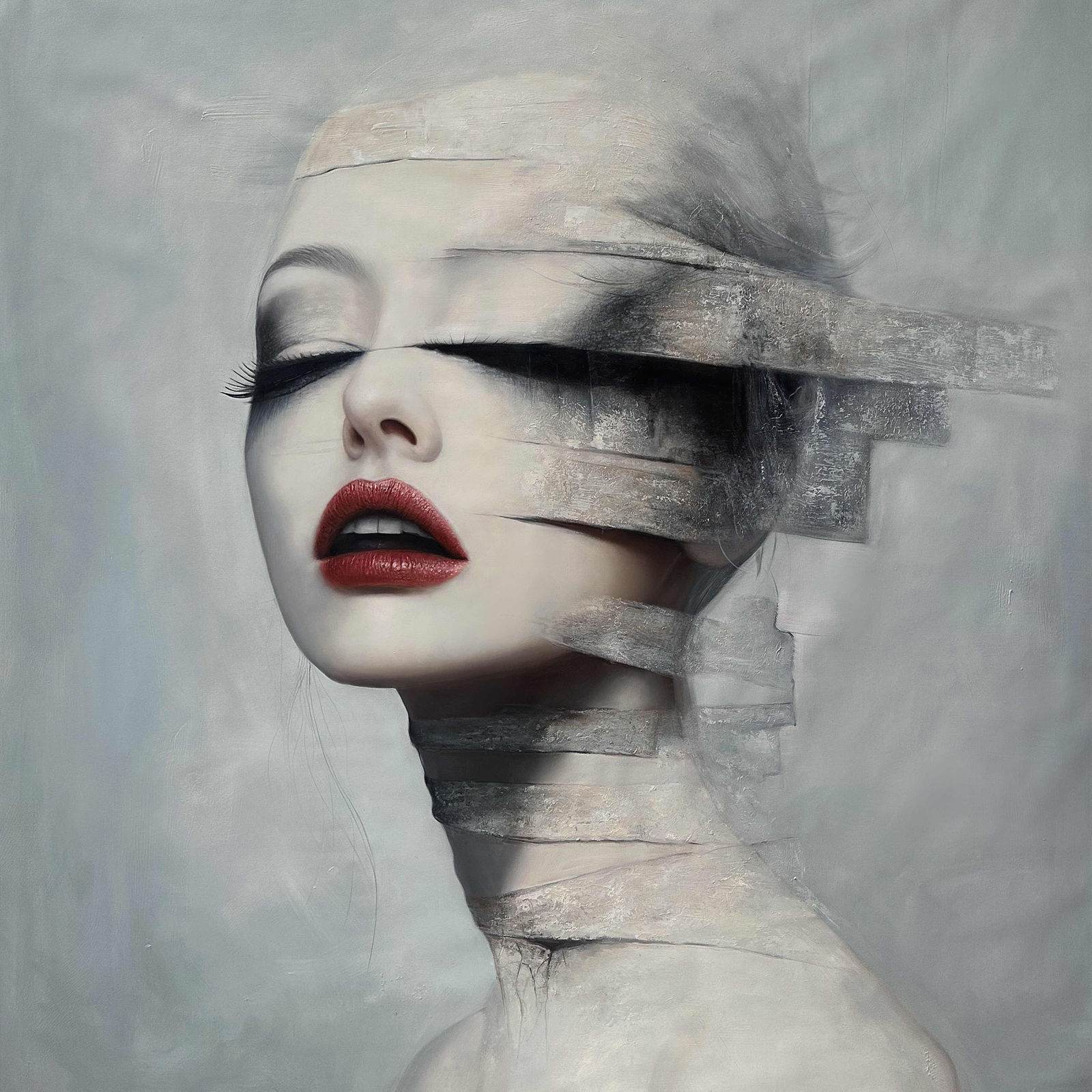 Female portrait, horizontal grey bands covering eyes and neck, wide open red lips, atmospheric grey ground, 150 × 150 cm