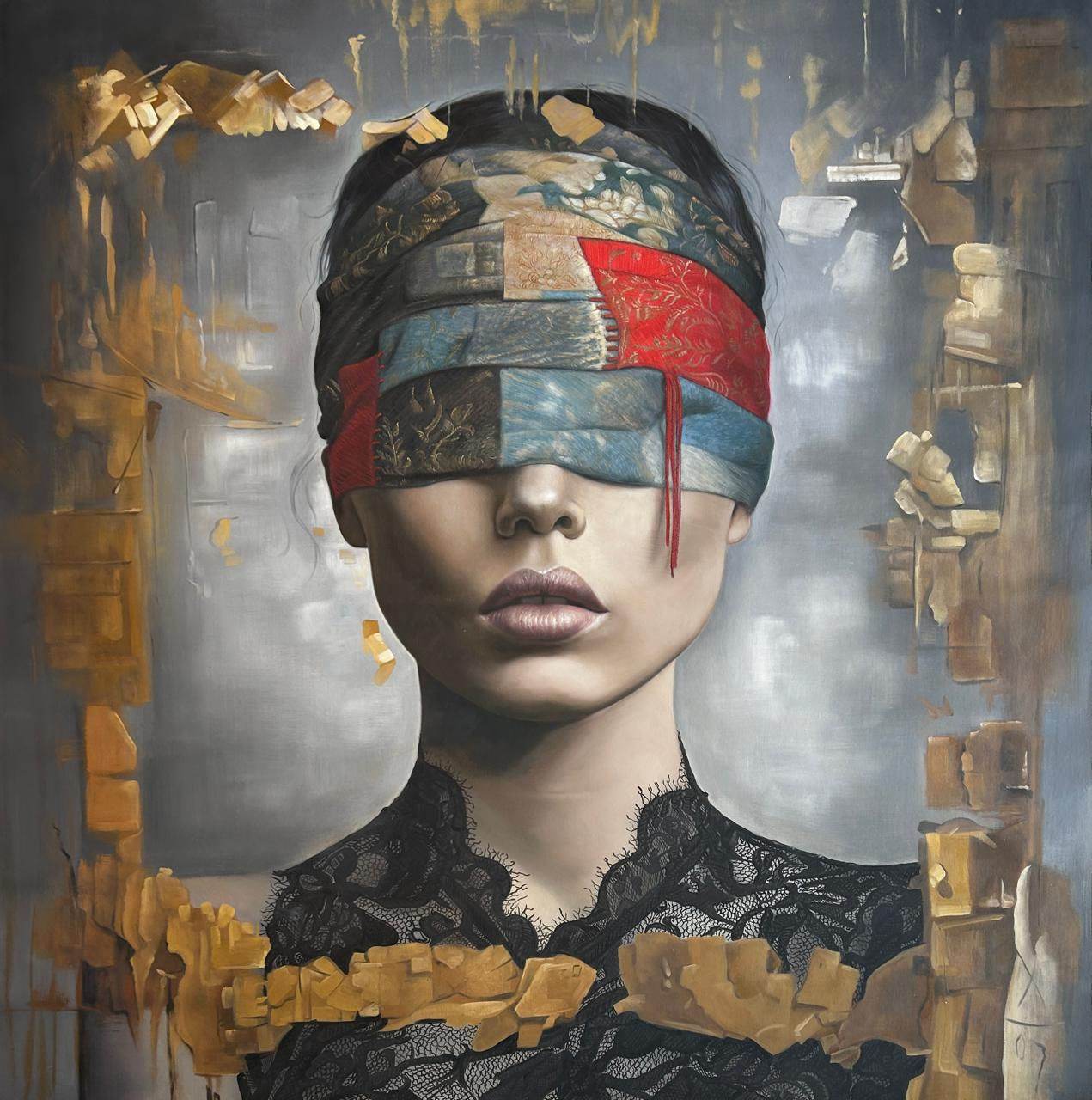 Front-facing female portrait, multicolour patchwork blindfold over eyes, grey ground, black lace high-neck dress, 150 × 150 cm.