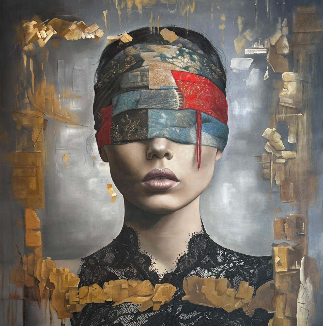 Front-facing female portrait, multicolour patchwork blindfold over eyes, grey ground, black lace high-neck dress, 150 × 150 cm.