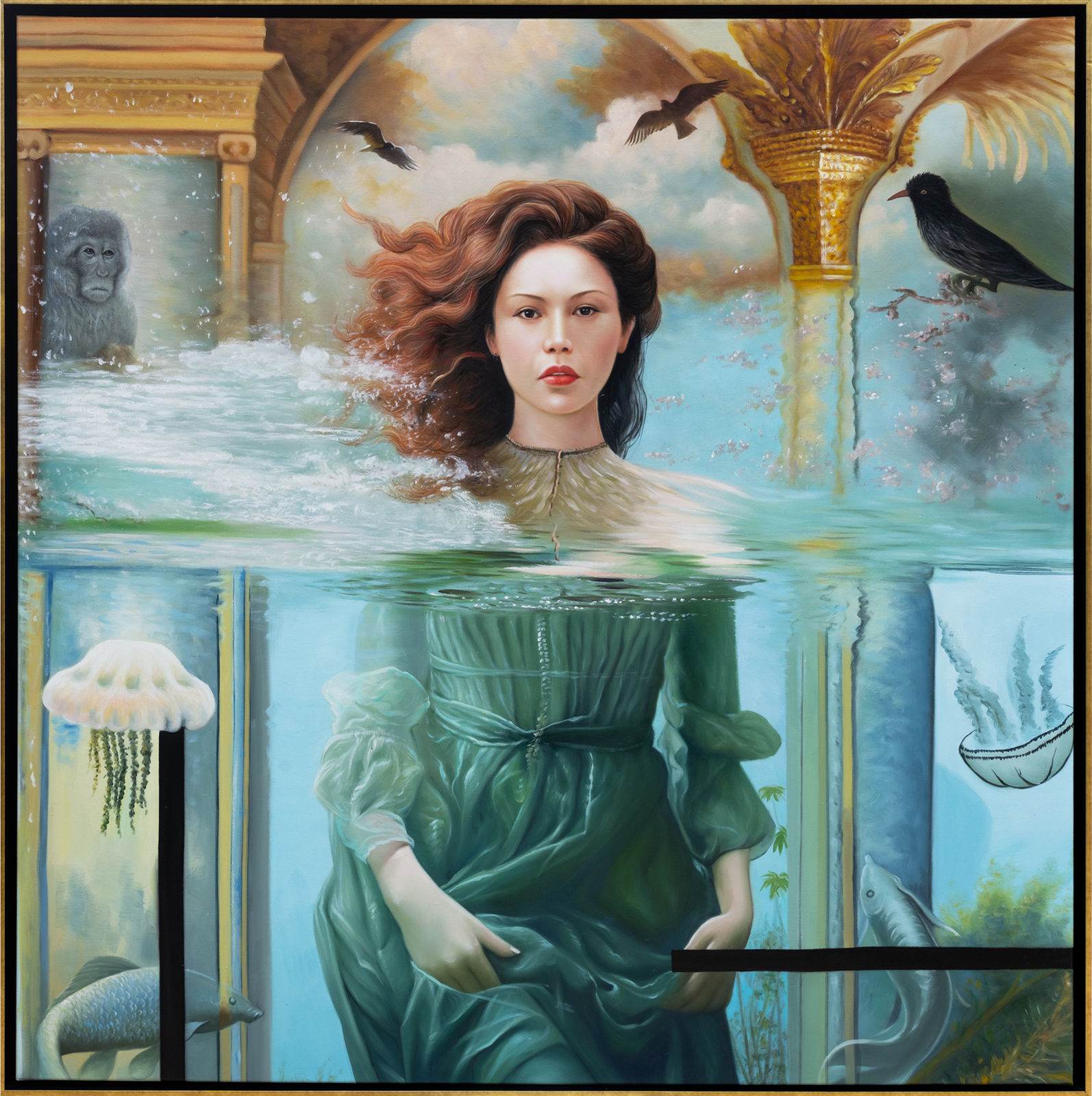 Woman in green dress half-submerged in water, baroque architecture and sky above, jellyfish and fish below, square format 120×120 cm.
