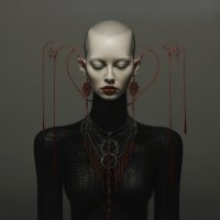 "Oil painting on canvas titled 'Bald Beauty' by French artist Jehan Legac. Features a woman with a bald head and red necklace, exuding confidence and elegance. Dominant colors are black and grey, with a pop of red. Woman's face is detailed like a mannequin, challenging traditional beauty standards. A powerful exploration of identity and self-acceptance."